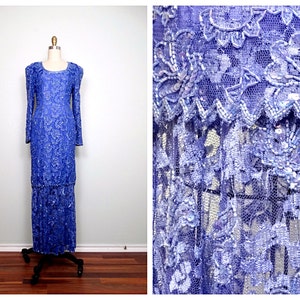 Periwinkle Lace Beaded Sequin Gown / Vintage Mother of the Bride Dress / Purple & Blue Lace Beaded Formal Dress