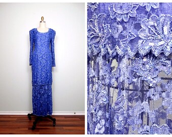 Suknia z koronki w kolorze periwinkle z koralikami i cekinami / Suknia dla matki panny młodej w stylu vintage / Fioletowo-niebieska suknia wieczorowa