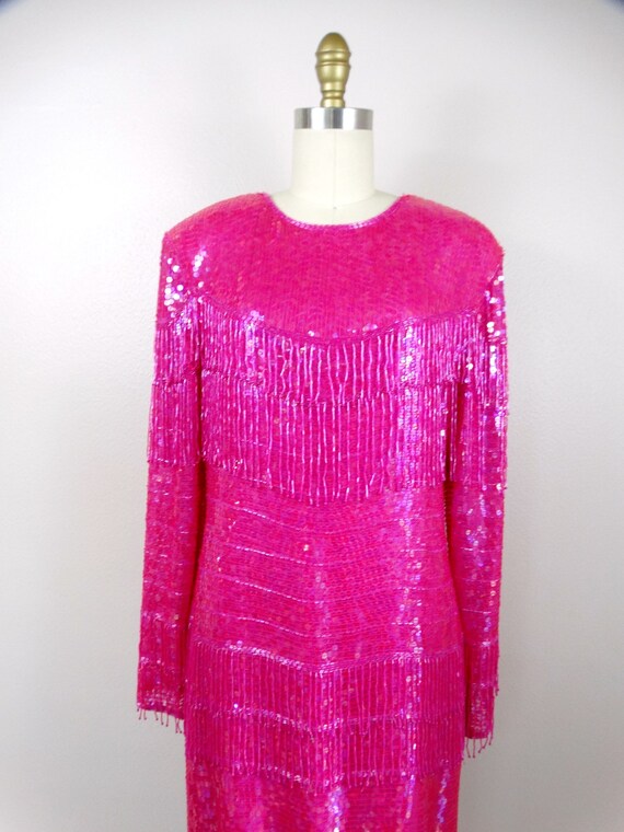 80s Bright Pink Fringe Beaded Dress / 1980's Sequin Dress 80s Bright Pink Fringe Beaded Dress / 1980's Sequin Dress