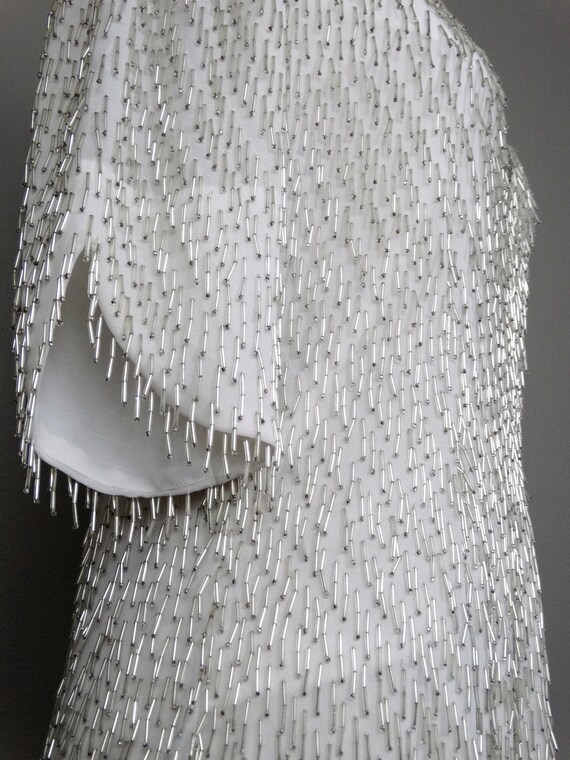 M/L Silver Beaded Fringe Dress / White GLAM Fring… - image 4
