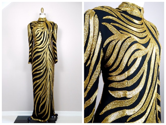 Gold Beaded Gown // Art Deco Black & Gold Sequin … - image 1