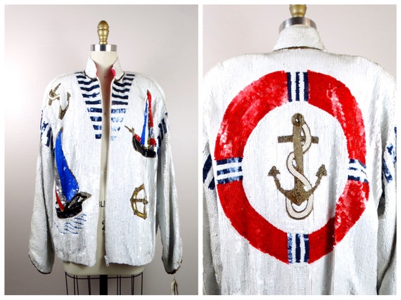 80s Nautical Novelty Sequin Vintage Jacket // Sai… - image 1