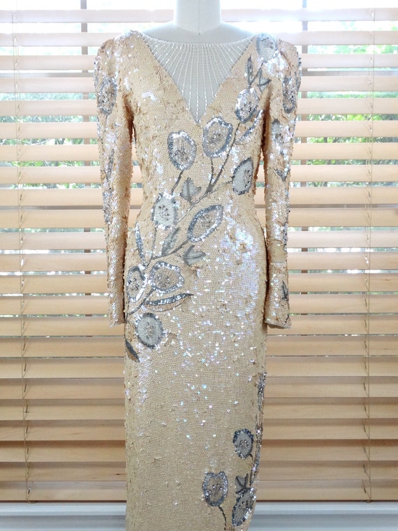 Ivory Sequined Beaded Gown • Iridescent Cream and… - image 2