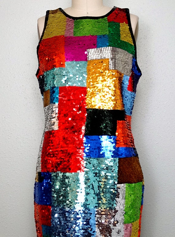 S/M Retro Color Block Beaded Dress / Rainbow Sequ… - image 2