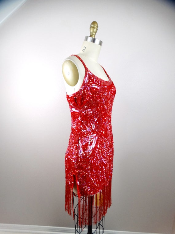Red Sequin Fringe Beaded Flapper Mini // Vintage … - image 4