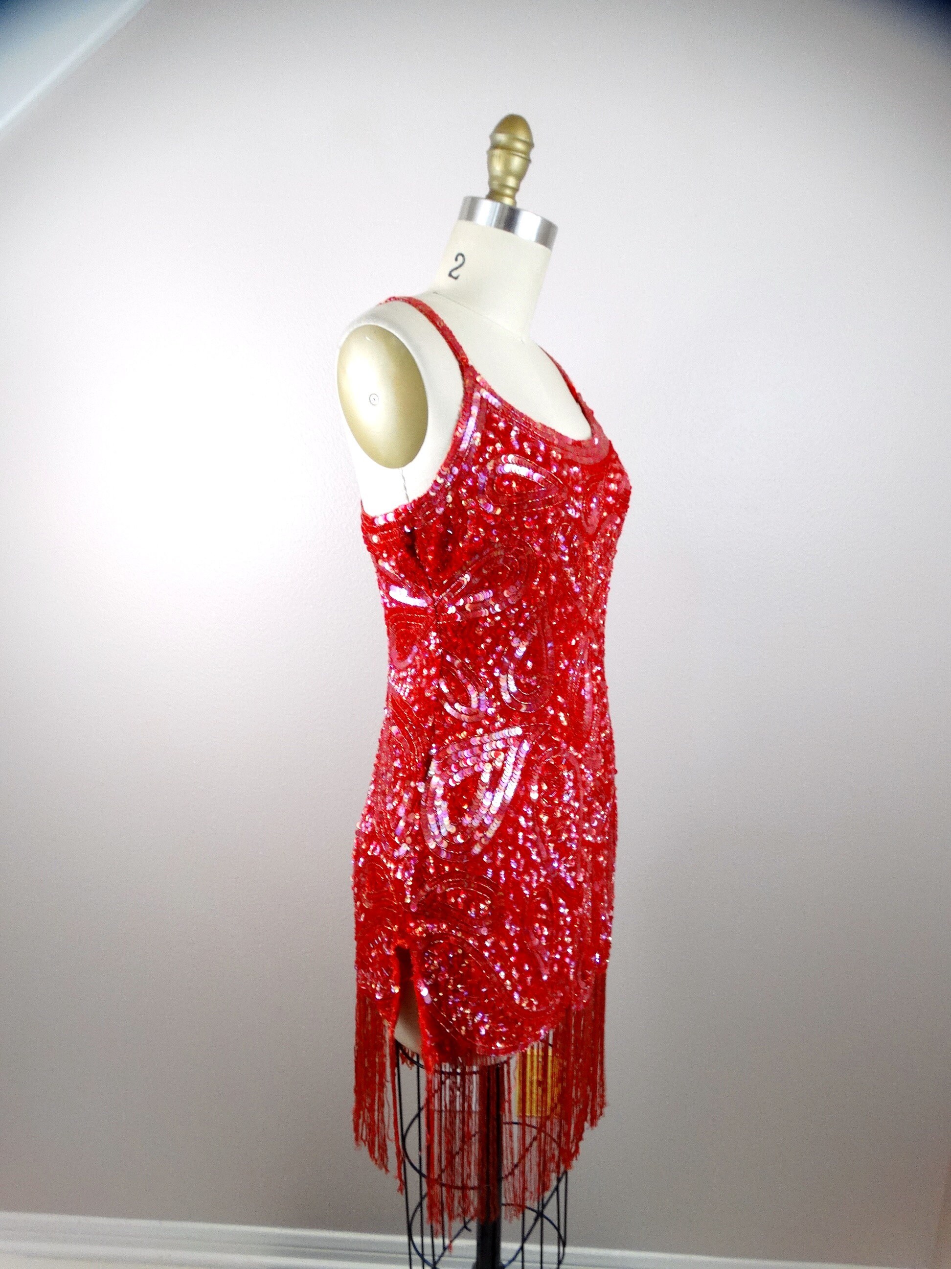red beaded fringe dress Long Prom Dress with Beaded Fringe