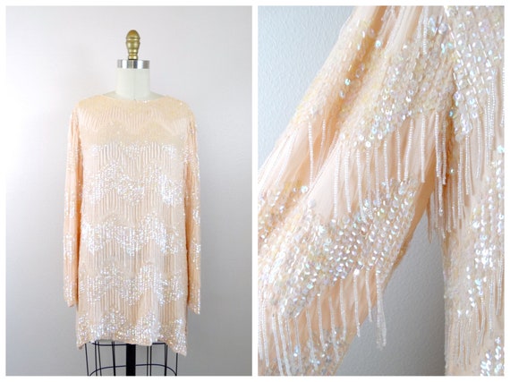 VTG Fringe Beaded Sheer Silk Long Tunic / Drop Bea