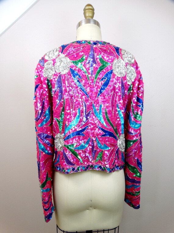 M/L Sparkling Sequined Cropped Shrug / Bright Pin… - image 5