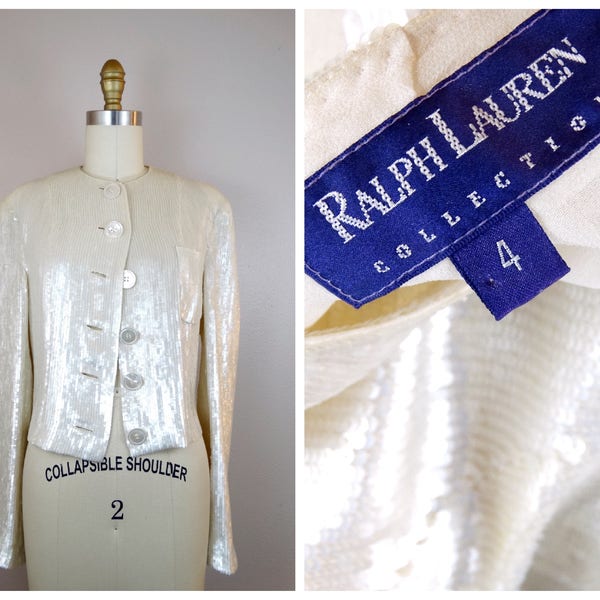 Pearlescent Couture Sequin Designer Jacket // Pearl White Silk Sequined Button Down Top by Ralph Lauren Collection - Purple Label