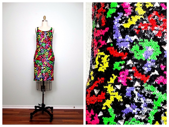 S/M 90s Sequin Dress / 1990’s Geometric Color Pop