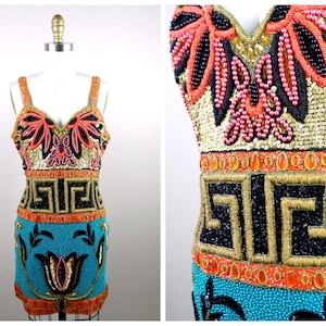 One of a Kind Couture Beaded Dress // 90s Designer Vintage Runway Fashion Sequin Embellished Mini Dress
