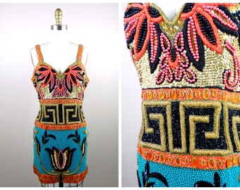 One of a Kind Couture Beaded Dress / 90s Designer Vintage Runway Fashion Sequin Embellished Mini Dress