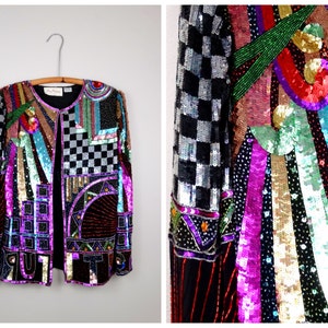 RARE Rainbow Beaded Sequin Jacket / BRIGHT Retro Embellished Funky Novelty Jacket Large L
