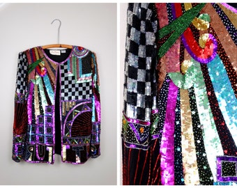 RARE Rainbow Beaded Sequin Jacket / BRIGHT Retro Embellished Funky Novelty Jacket Large L