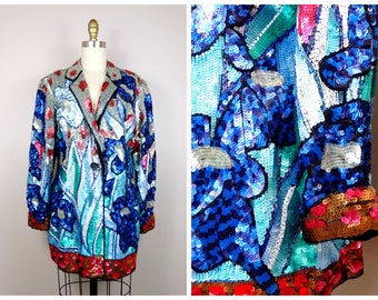 Vintage Sequin Blazer: RARE Couture Novelty Floral Jacket, Art to Wear