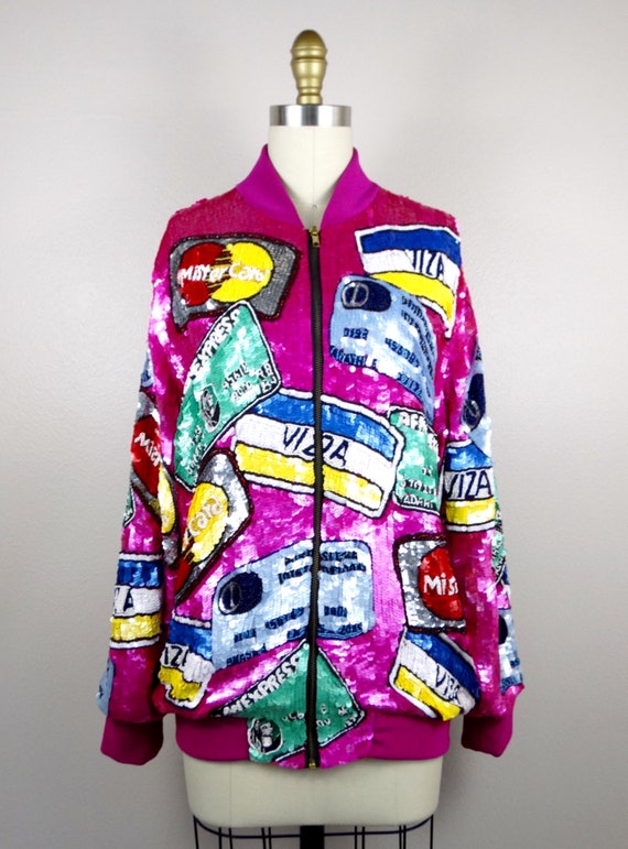 RARE Credit Card Sequin Jacket / Novelty Hot Pink… - image 4