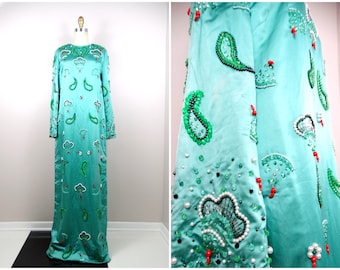 50s Jade Green Satin Jewel Beaded Couture Gown / 1950's Seafoam Mint Vintage Bejeweled Dress