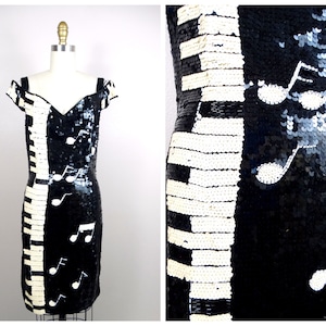 Musical Sequined Dress // Pop Art Music Glam Sequined Dress // Novelty Sequin Dress // Black and Ivory Piano Keys Sequin Embellished Dress