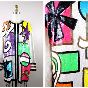 FuNkY 80s Long Jacket / Vintage Sequin Blazer / Rare Retro Embellished Coat / Artsy Sequined Dress Jacket w/ Zipper