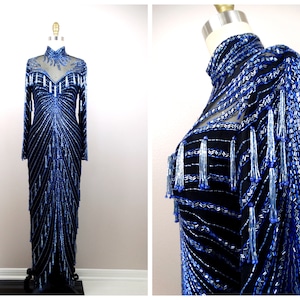 SELTENE Designer Couture Perlen Fransen Verschönertes Kleid / Art Deco Vintage Royal Blau Perlen Kleid