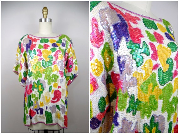 L/XL Bright Sequin Top // Abstract Floral Embelli… - image 1