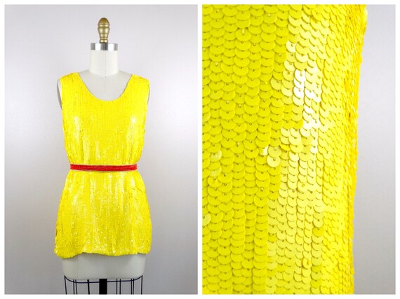 Bright Lemon Sequined Top // Neon Yellow Sequin E… - image 1