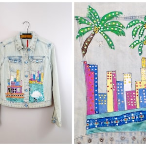 80s 90s Crystal Encrusted Denim Jacket / 1980’s 1990’s Hand Painted Couture Bedazzled Jacket / Novelty Blue Jean Rhinestone Jacket