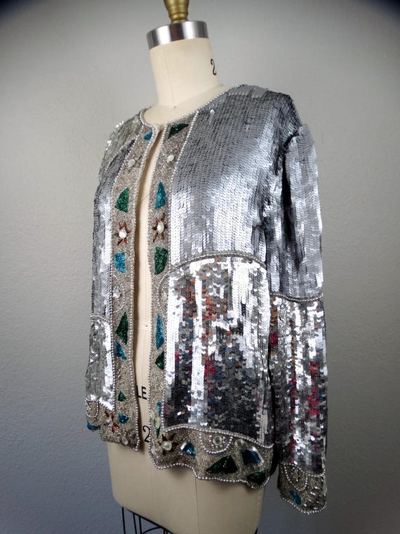 Reflective Sequin Open Cardigan / Mirror Silver B… - image 3