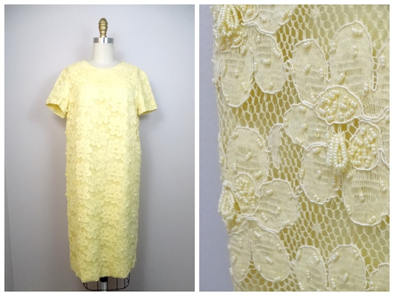 60s Mod Mid Century Yellow Beaded Dress • Retro 1… - image 1