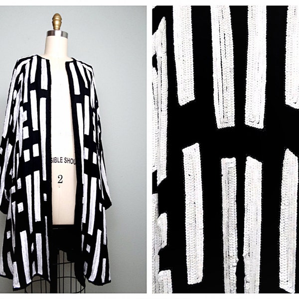 VTG Sequin Kimono Jacket / Bohemian Novelty Open Kaftan / Black & White Vintage by Creative Creations O/S