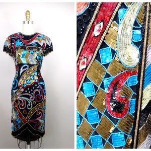 80s Beaded Vintage Dress // Retro Sequin Embellished Dress // Funky Sequined Formal Evening Cocktail Dress
