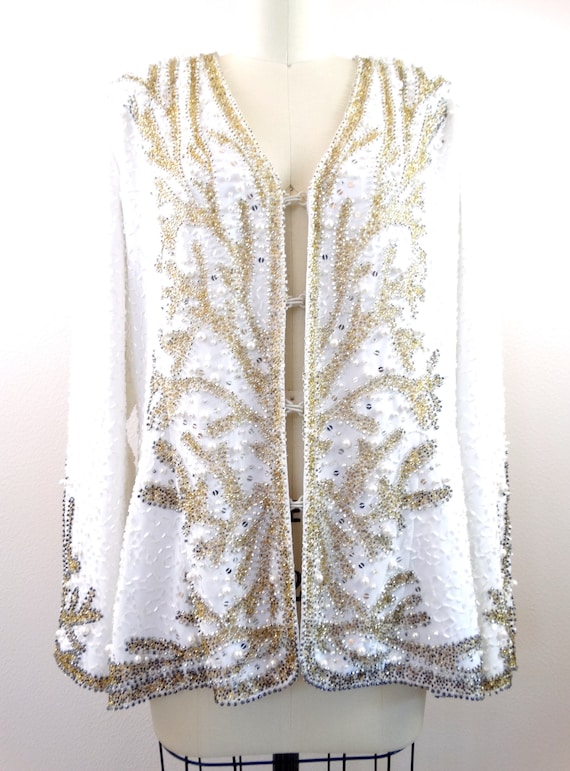 Art Deco Pearl Beaded Jacket // Gold Beaded Silk … - image 3