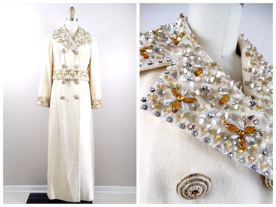 Couture Vintage Crystal Rhinestone Embellished Trench Coat / Princess Dress  Coat / Ivory Cream Gold Beaded Floor Length Trench - Etsy
