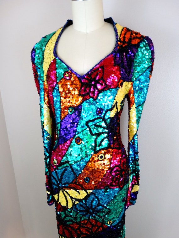 Heavily Beaded Rainbow Sequined Dress // Colorful… - image 2