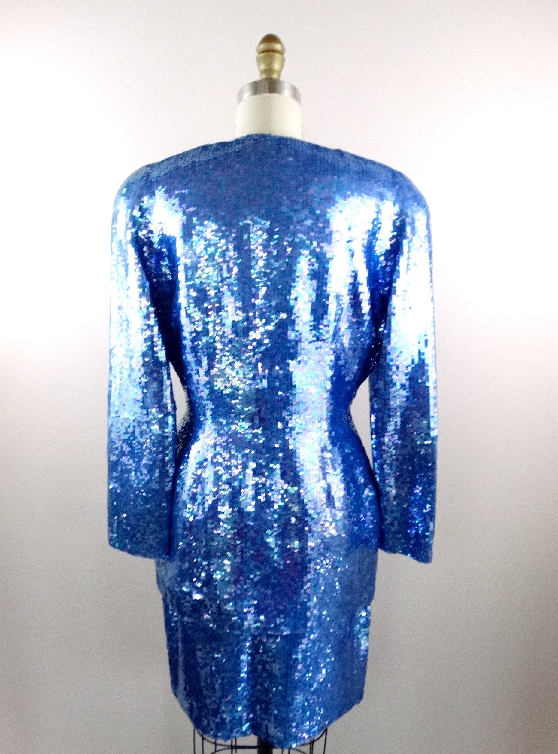 blue sequin blazer dress Final Sale Plus Size Sequin Blazer Dress with Rhinestone Buttons in Mermaid Green