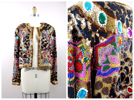 VERY HEAVY Jewel Beaded Jacket / Heavily Embellished Bedazzled Cardigan  Blazer / Vintage Bejeweled Gold Spotted Wild Animal Print Coat - Etsy