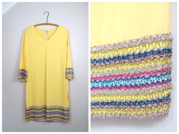 60s Yellow Beaded Dress • Retro Embellished Mod Dr
