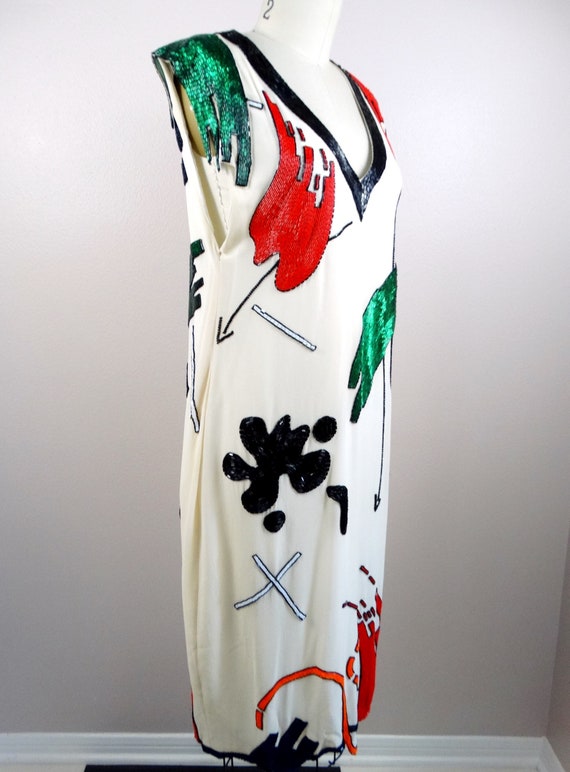 90s Abstract Art Beaded Silk Dress // Funky Hand … - image 4