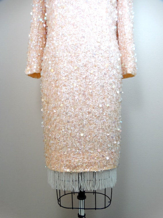 50s Fringe Paillette Sequined Dress / Blush Pink … - image 3