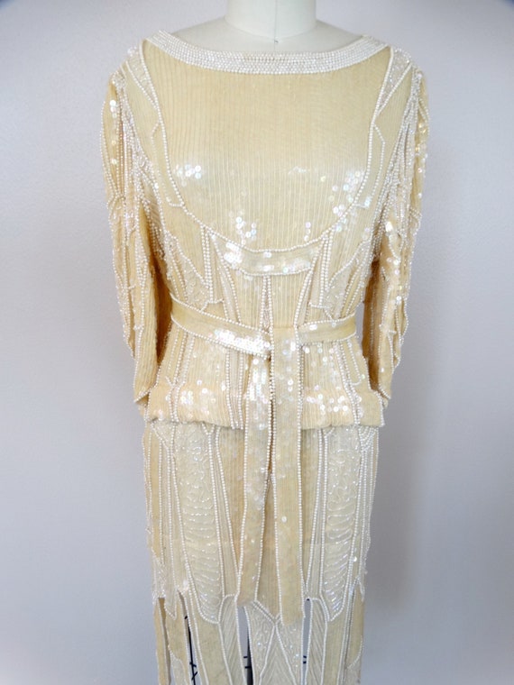 70s Hand Beaded Pearl Fringe Dress w/ Belt // Vin… - image 3