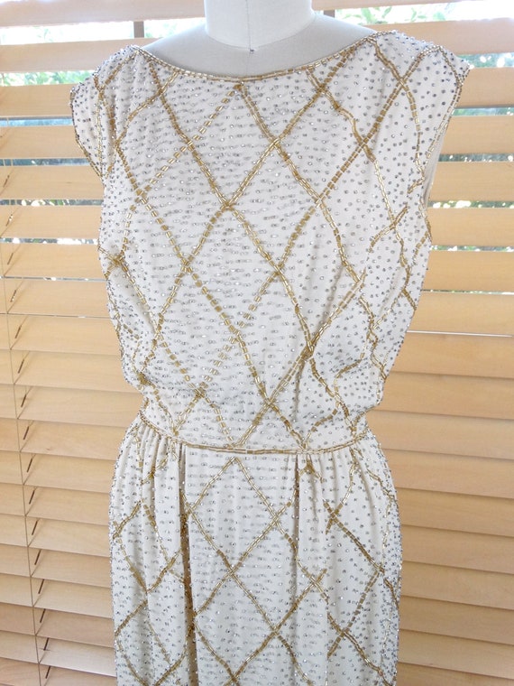 60s Gold Beaded Gown / 1960’s Full Length Ivory S… - image 4