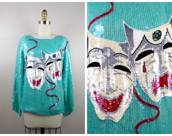 THEATRICAL Sequin Top / Dramatic Embellished Blouse / Happy & Sad Theatre Novelty Top