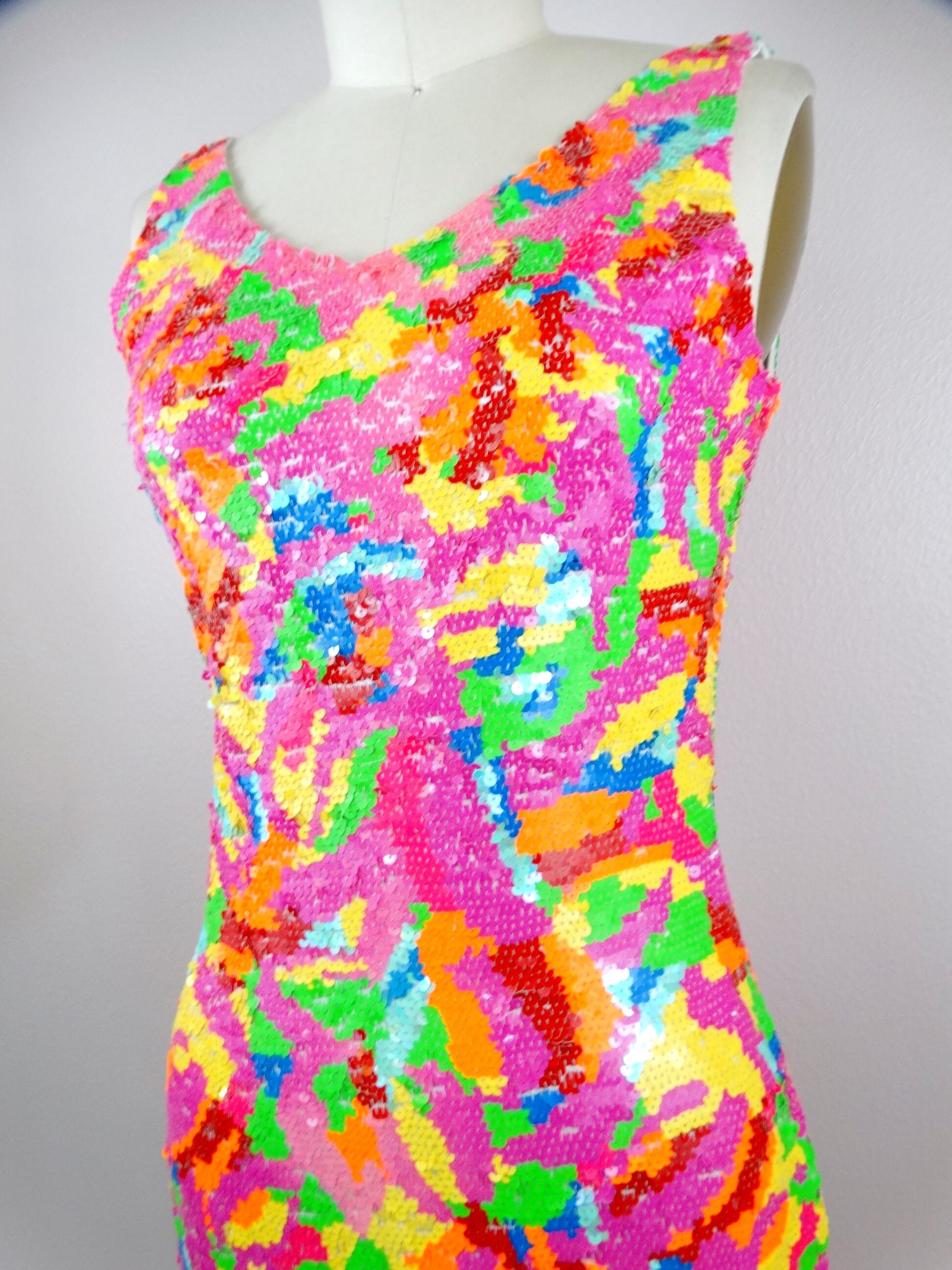 NEON Sequin Dress / Bright Pink Orange Yellow and Green Sequined Mini Dress  / Fluorescent Embellished Party Dress - Etsy