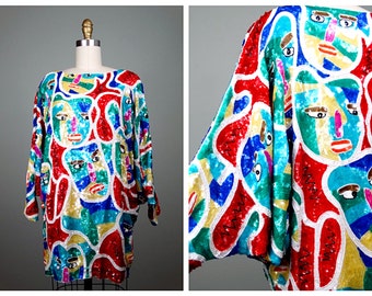 PICASSO Art Sequined Beaded Oversized Mini Dress // RARE Novelty Faces Bright Sequin Dolman Sleeve Top