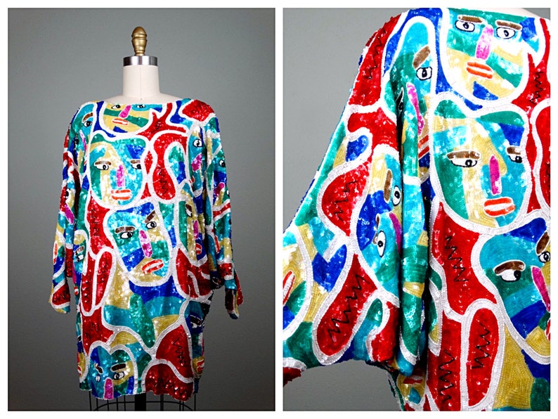 PICASSO Art Sequined Beaded Oversized Mini Dress // RARE Novelty Faces Bright Sequin Dolman Sleeve Top image 1