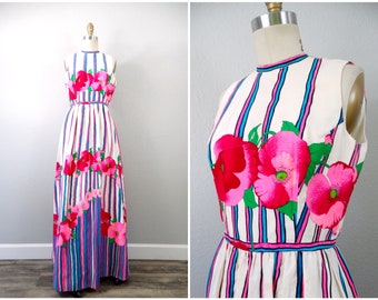 70s 80s MOD Saks Fifth Ave Maxi Dress // 1970's 1980's Neon Pink Floral Spring Summer Wedding Guest Dress