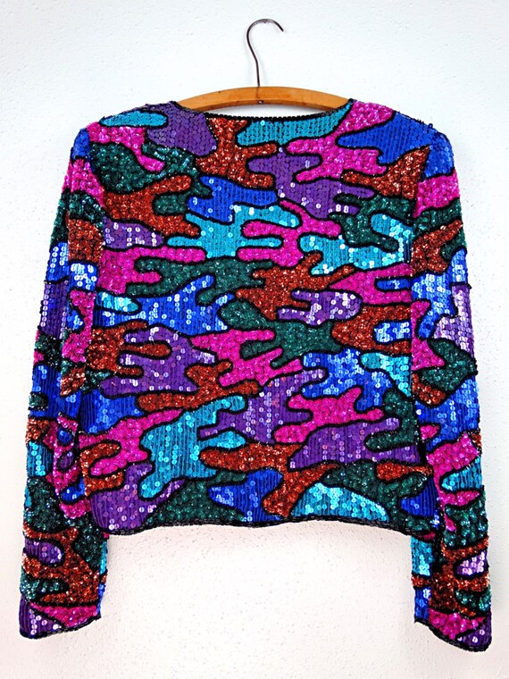 M/L Colorful Camo Sequin Jacket // Vintage Sequin… - image 2