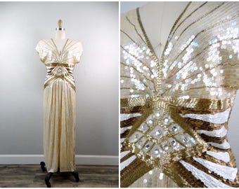 VTG Art Deco Sequin Gown / Vintage Couture Glam Ivory White & Gold Beaded Dress