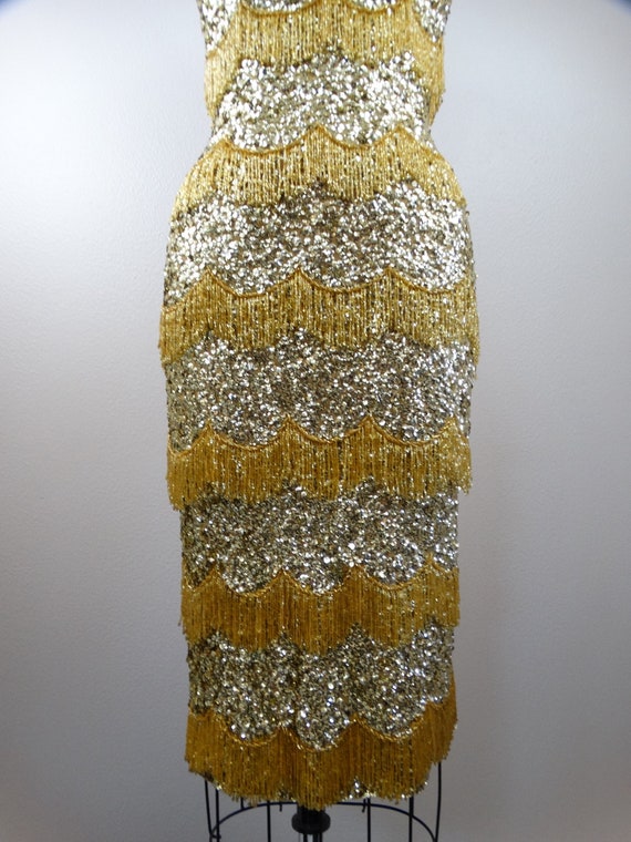50s Bombshell Sequined Fringe Beaded Dress / 1950… - image 3