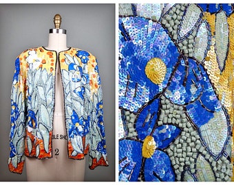 RARE Iris Deco 3D Sequin Jacket / Bright Floral Beaded Wearable Art Cardigan